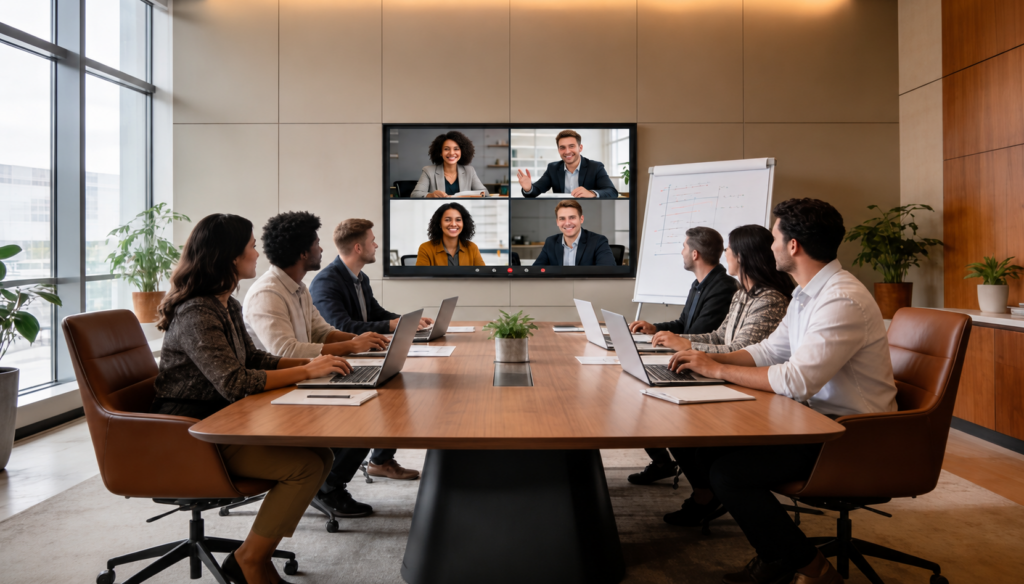 Equipo de trabajo híbrido en 2026 colaborando entre oficina y colaboradores remotos mediante videoconferencia