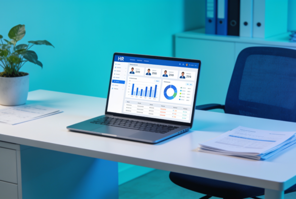 Espacio de trabajo con documentos laborales organizados y una plataforma digital de Recursos Humanos para gestionar la información de colaboradores.