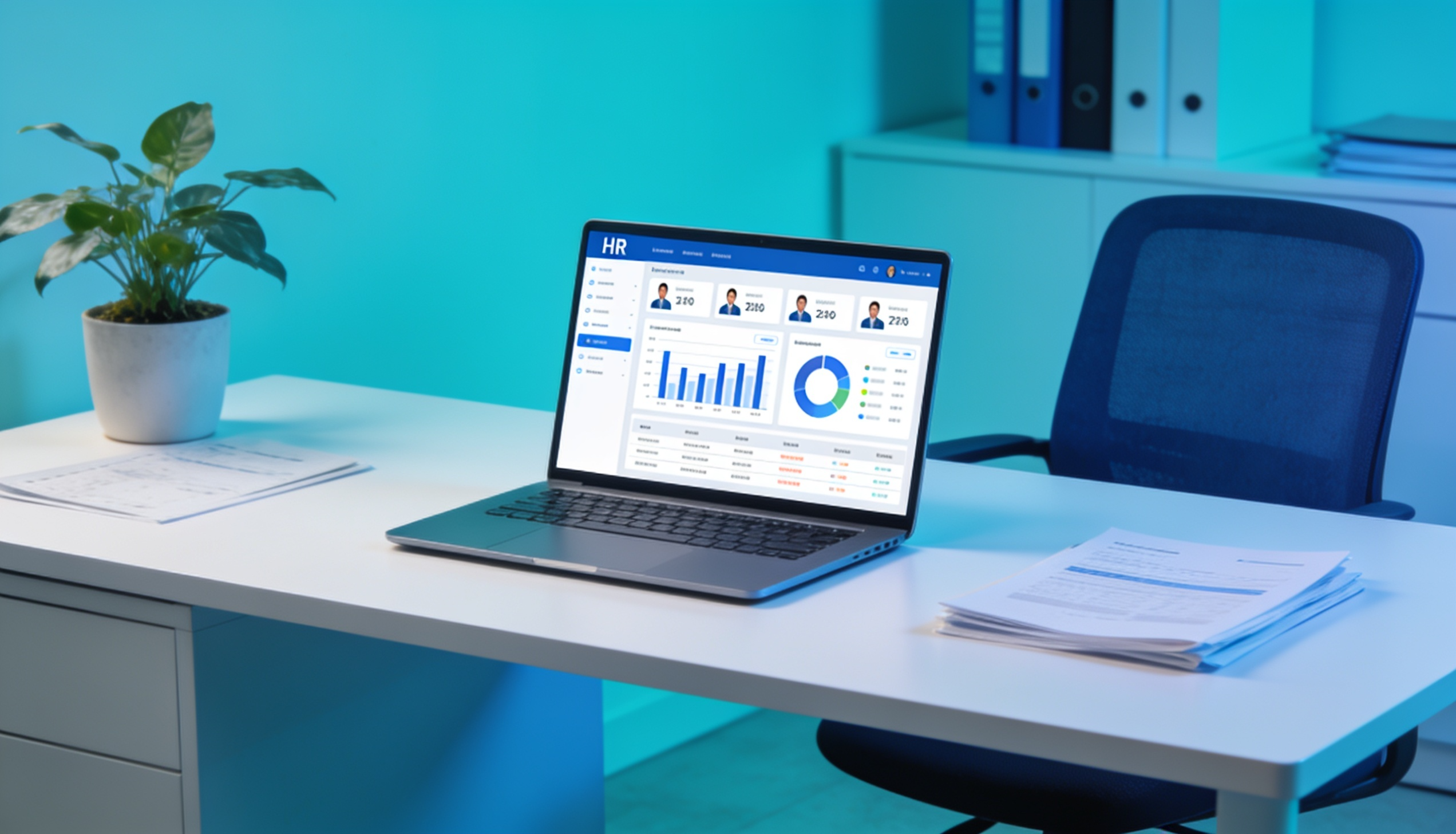 Espacio de trabajo con documentos laborales organizados y una plataforma digital de Recursos Humanos para gestionar la información de colaboradores.